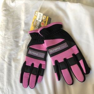 Medium black and pink Olympia-Tools utility gloves.  Durable synthetic leather.